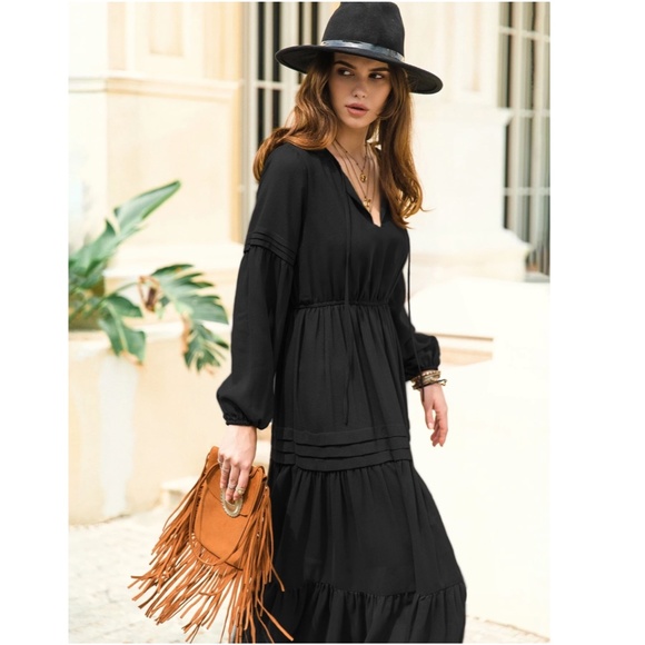 Black Bohemian Maxi Dress Chiffon Neck Ties Long Sleeve Ruffle Hem Flowy - Picture 6 of 10